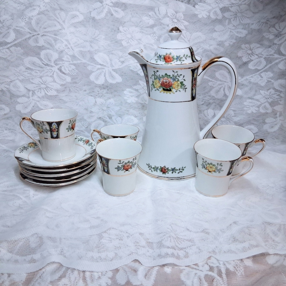 Antique Noritake Coffee Or Chocolate Pot And Service For Five Floral